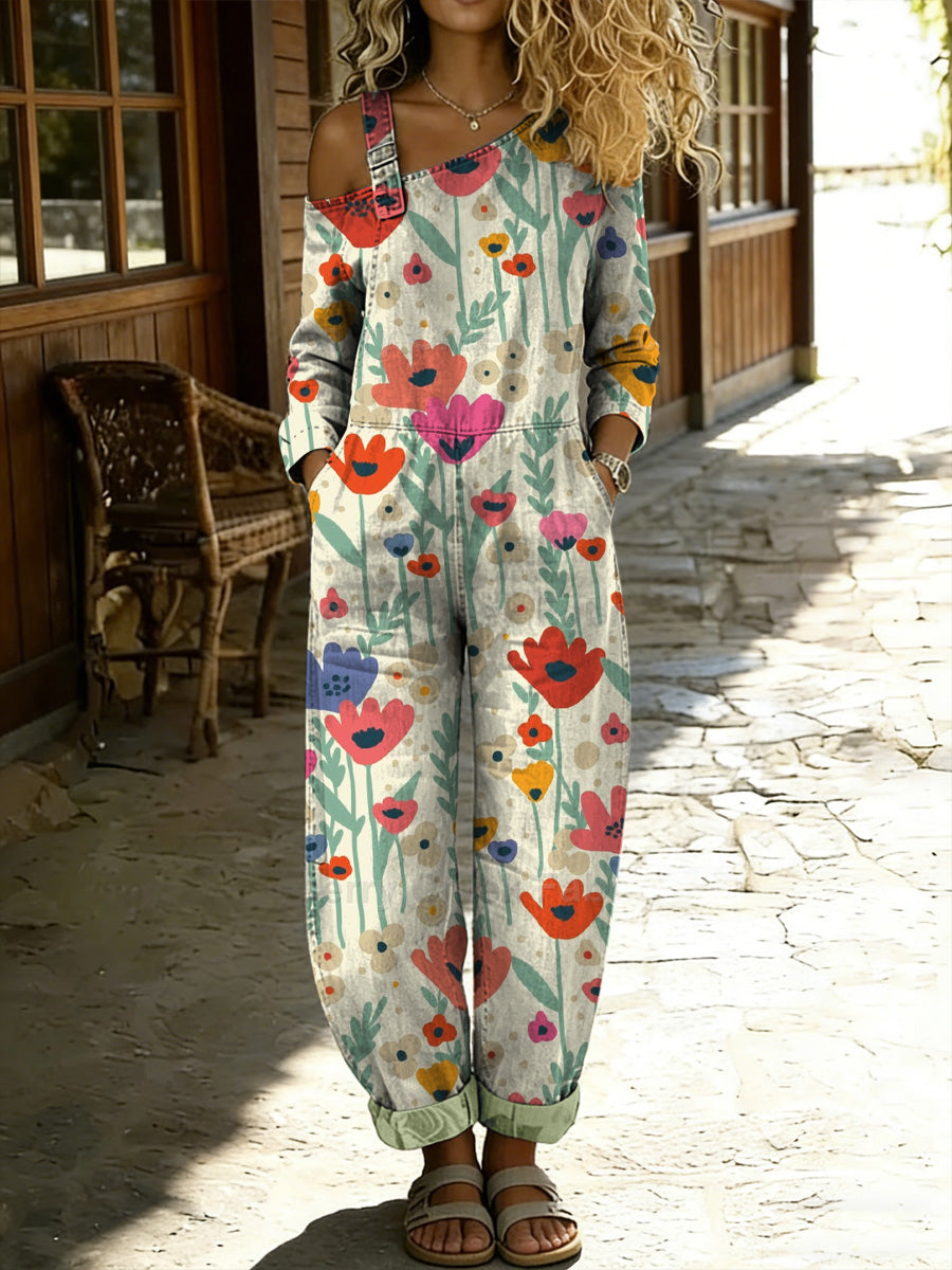 Women's Retro Style Floral Art Print Washed Cotton Denim Patchwork Jumpsuit